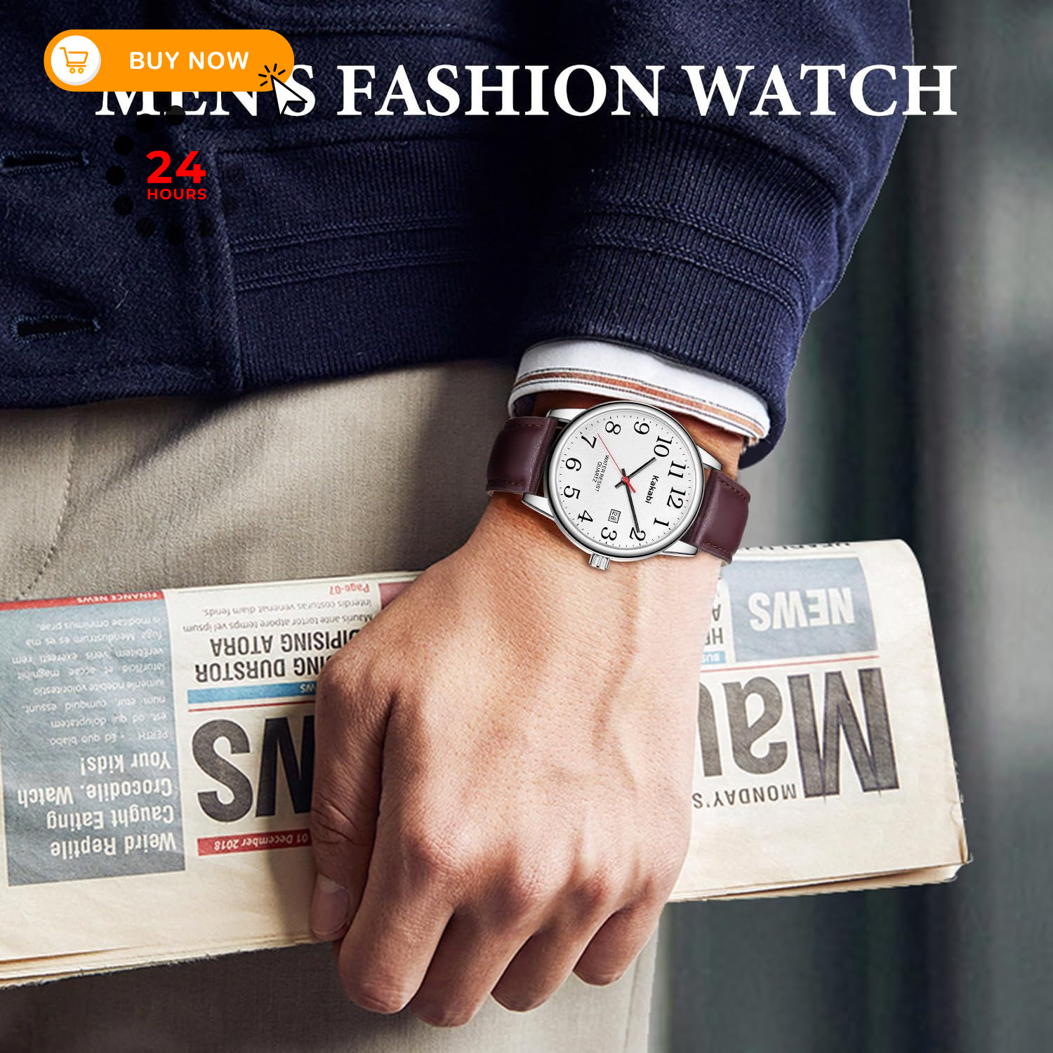 Kakabi Watch for Men, Easy Reader Unisex 03-Reddish-brown/Silver-Tone/White