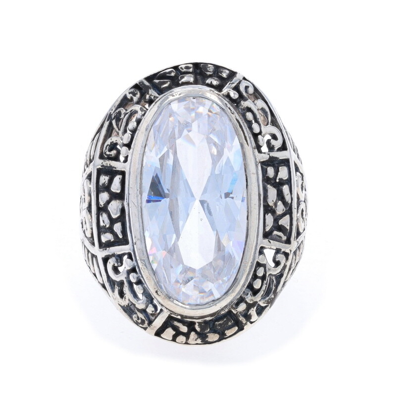 Sterling Cubic Zirconia Cocktail Solitaire Ring – 925 Oval 13.60ct Scrollwork