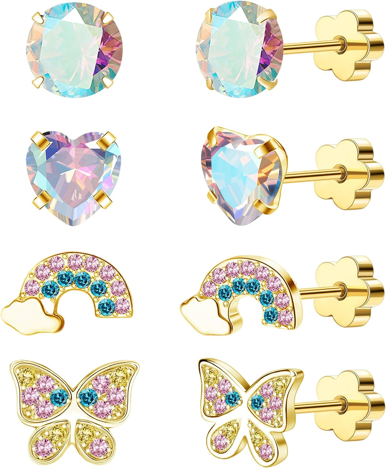 4Pairs Hypoallergenic Earrings for Women 14K Gold Flat Back Earrings 20G Screw B