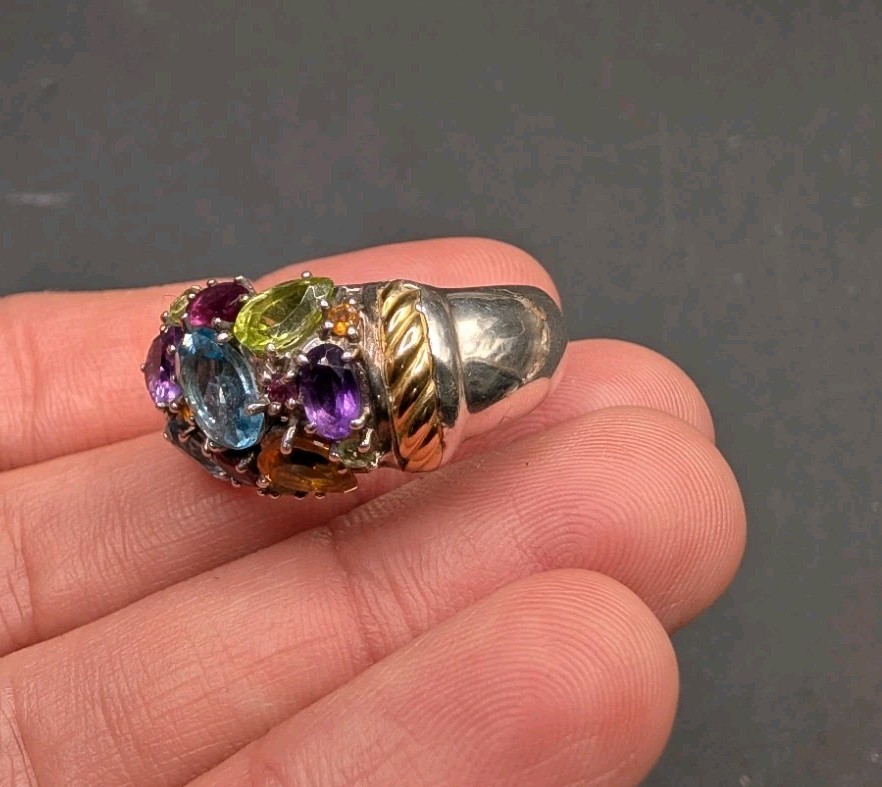 EFFY Sterling Silver 925 Gold Accent Multi Gemstone Cluster Ring Size 8
