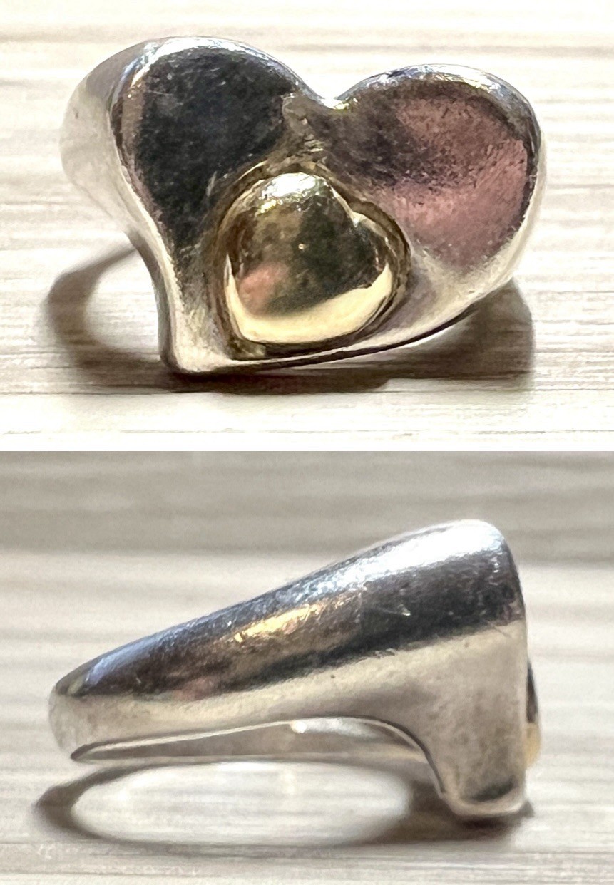 Designer Signed C^A Sterling Silver & 18k Gold Double Heart Ring, Size 6.5