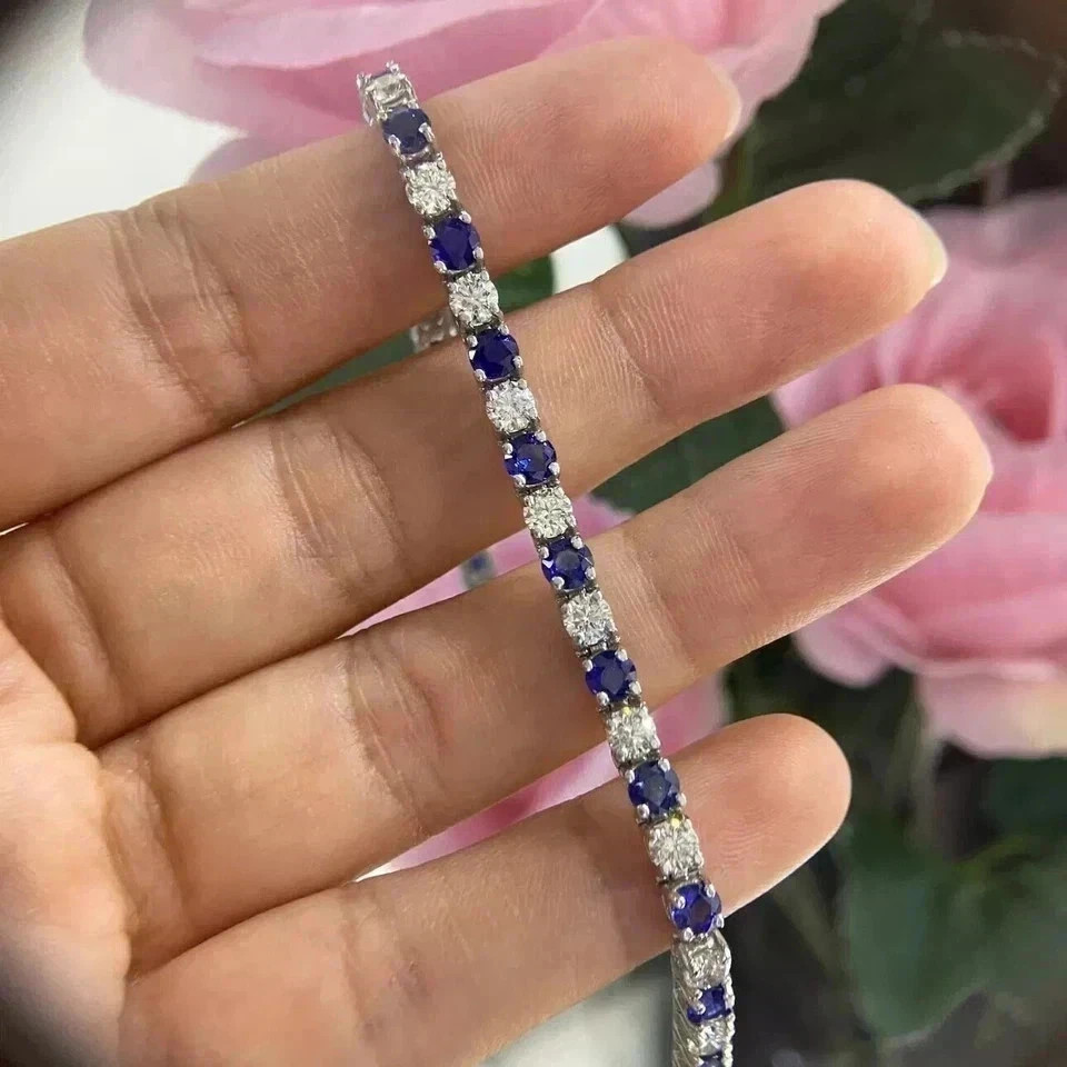 8CT Round Lab-Created Sapphire & Diamond Tennis Bracelet 14K White Gold Plated