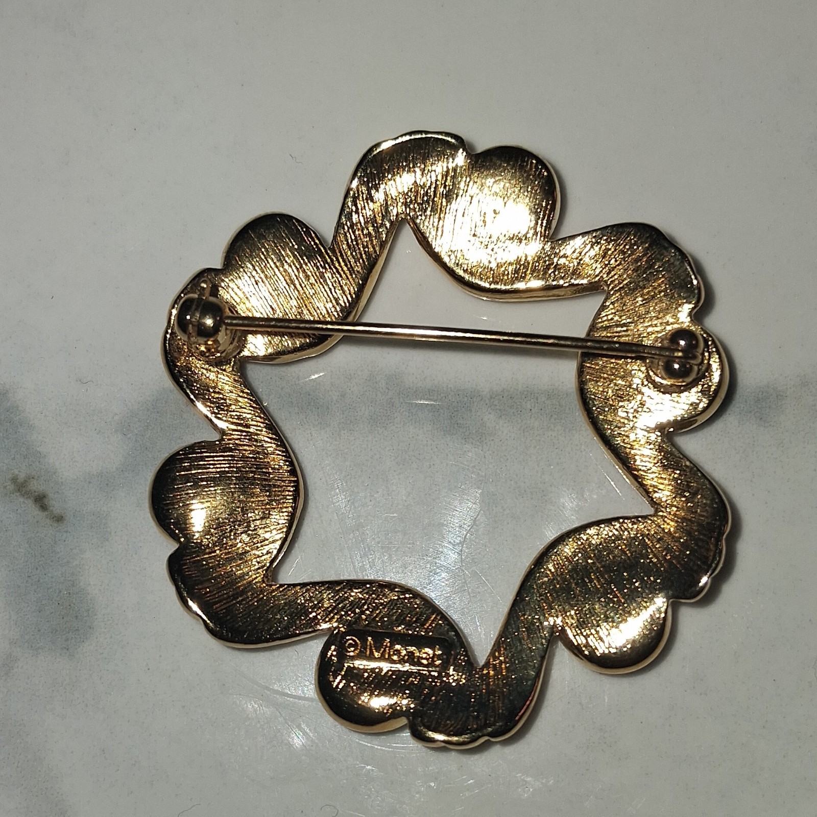 Monet Signed Gold Tone Wreath Brooch Pin Black Enamel Cream Faux Pearls