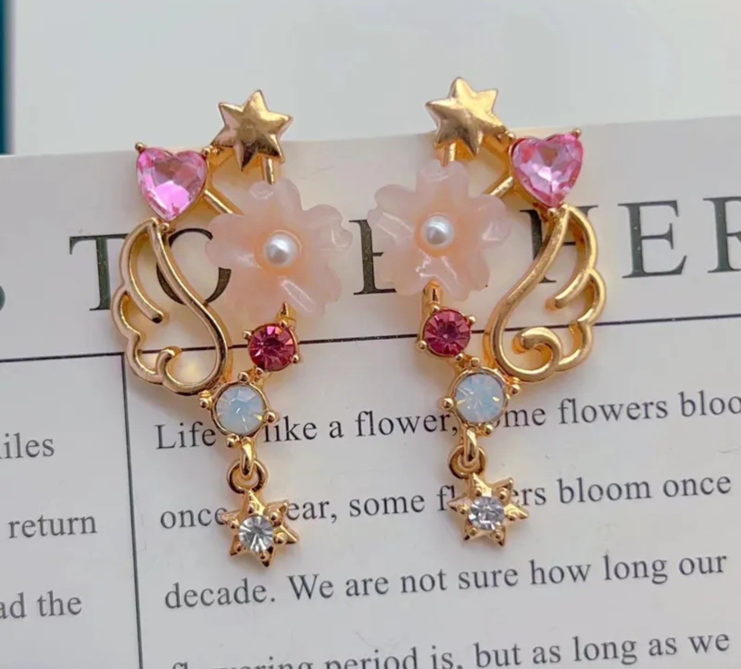 Gold Tone Flower Dangle Drop Earrings Pink Heart Crystal Faux Pearl Stud