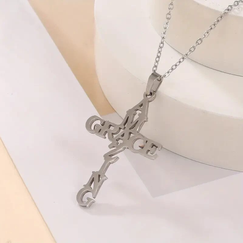 Stainless Steel Amazing Grace Cross Necklace – Silver, Christian Faith, Church