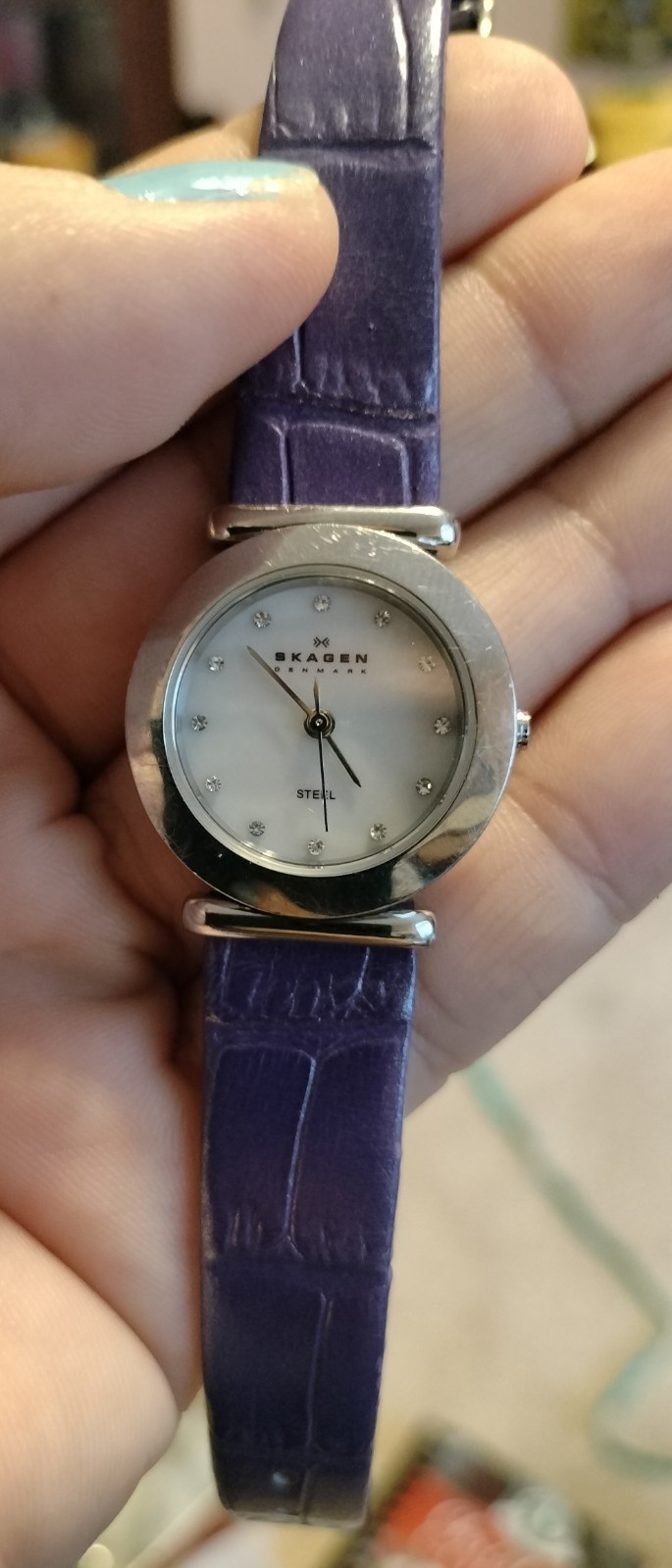 Women’s SKAGEN Watch Water-Resistant w/ New Bat Purple Band Rhinestone Hour Mark