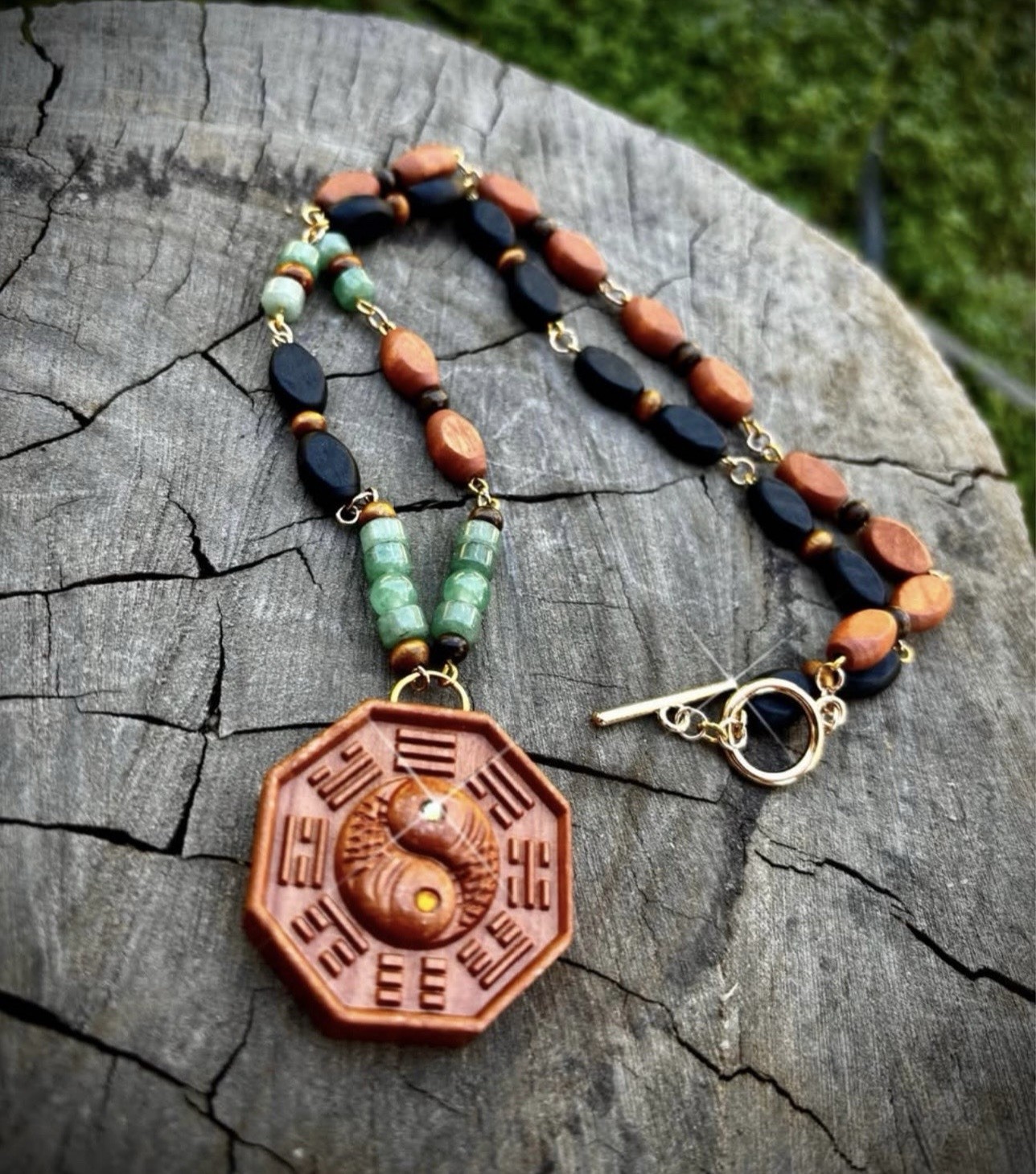Handmade Necklace w/ Octagon Wood Amulet Pendant, Brown/Black/Green, Toggle.