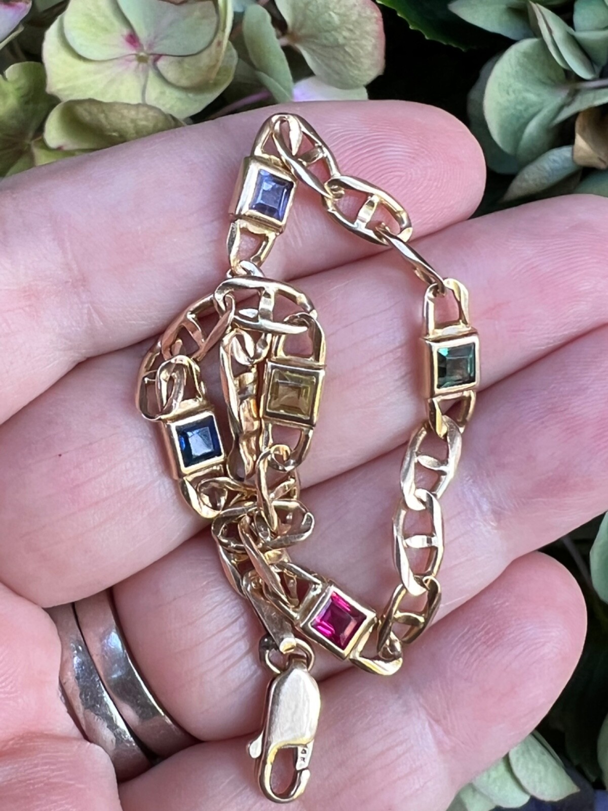 14K YELLOW GOLD MULTI GEMSTONES FIGARO BRACELET MADE IN ITALY CANDY COLORS
