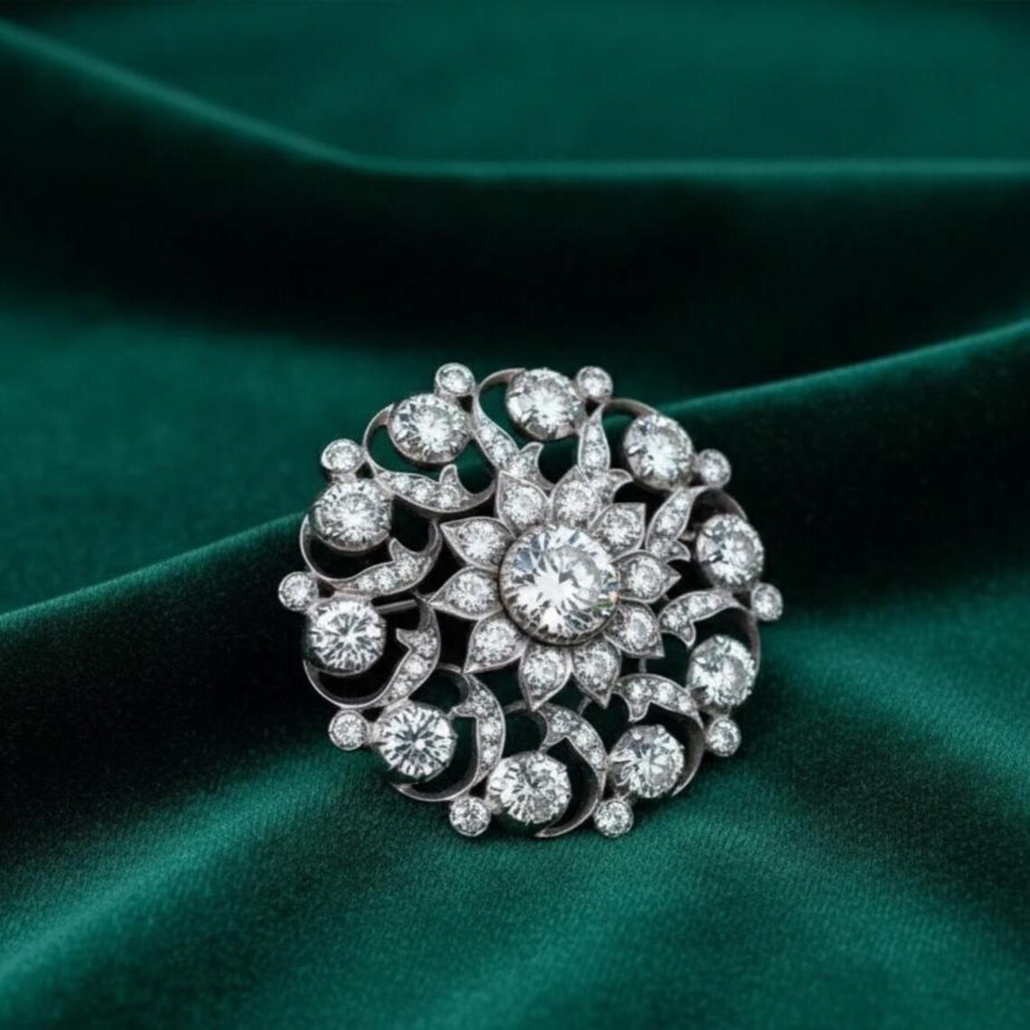 Cluster Set Round Diamond Moissanite Brooch Pin 14K Gold Plated Silver Handmade