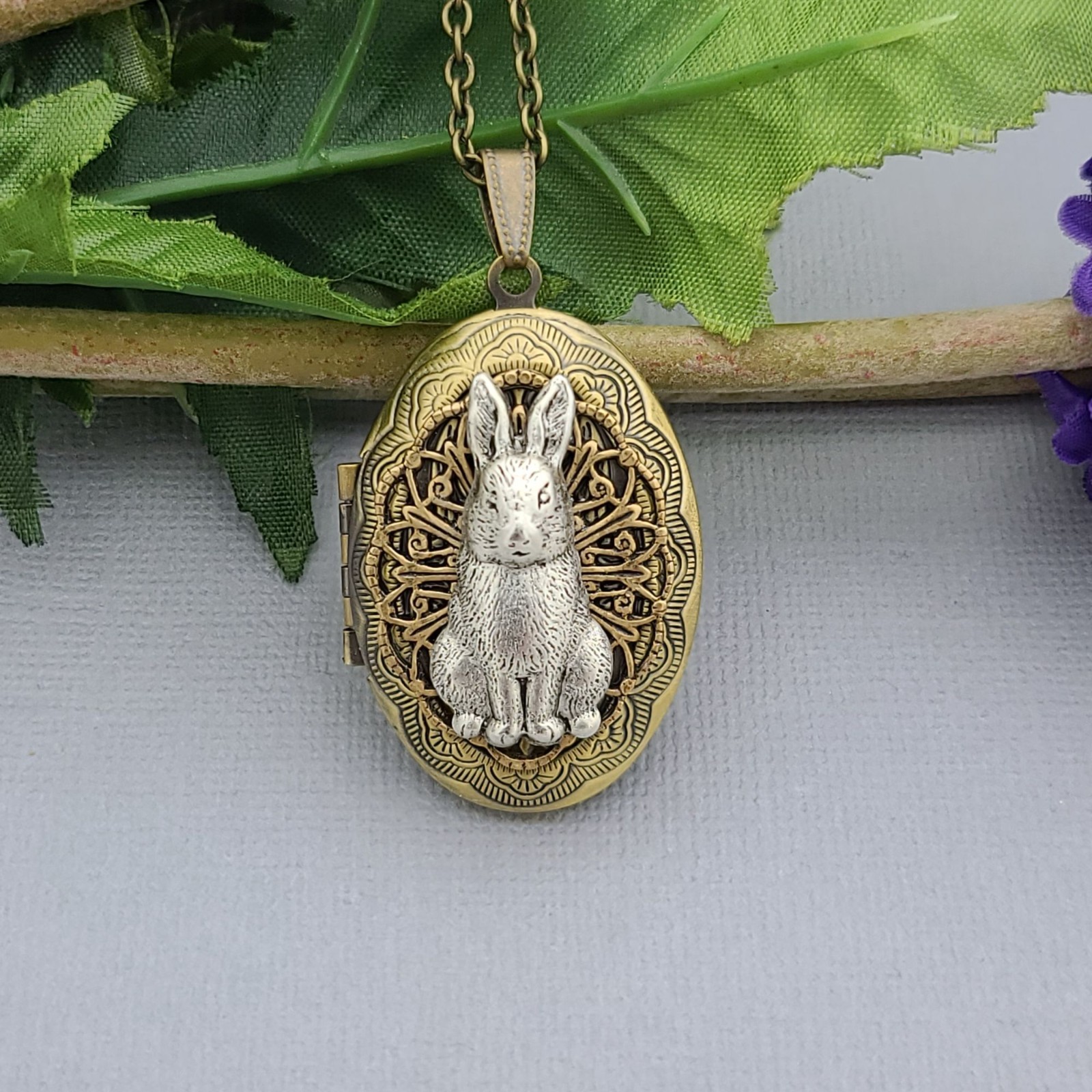 Ox Brass Oval Rabbit Locket Necklace Jewelry Keepsake Photo Locket