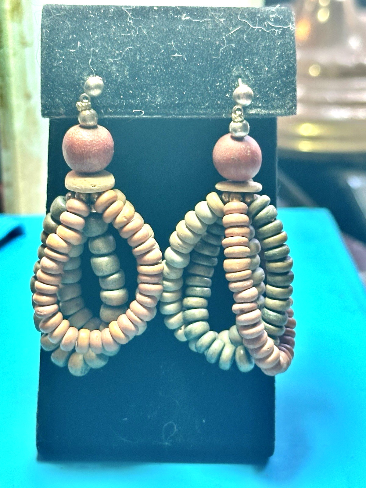 Vintage Earth Tone Wood Triple Strand Pierced Earrings-BOHO