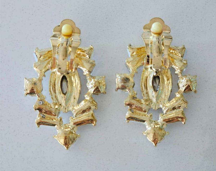 Vintage Inspired Large Clear Crystal CLIP Earrings Gold Plated Special Occasion