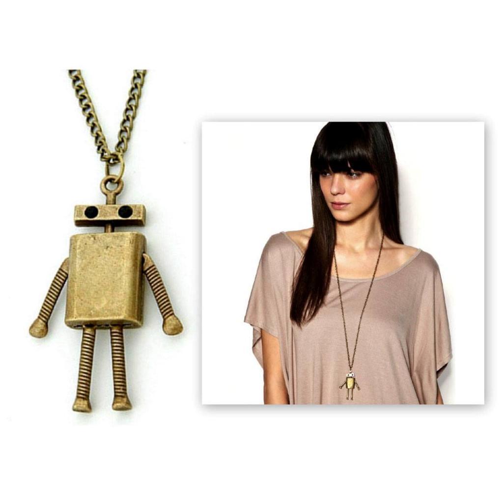 ROBOT CHARM NECKLACE 2.5″ Pendant 28″ Chain Antique Bronze Color Metal Cute NEW