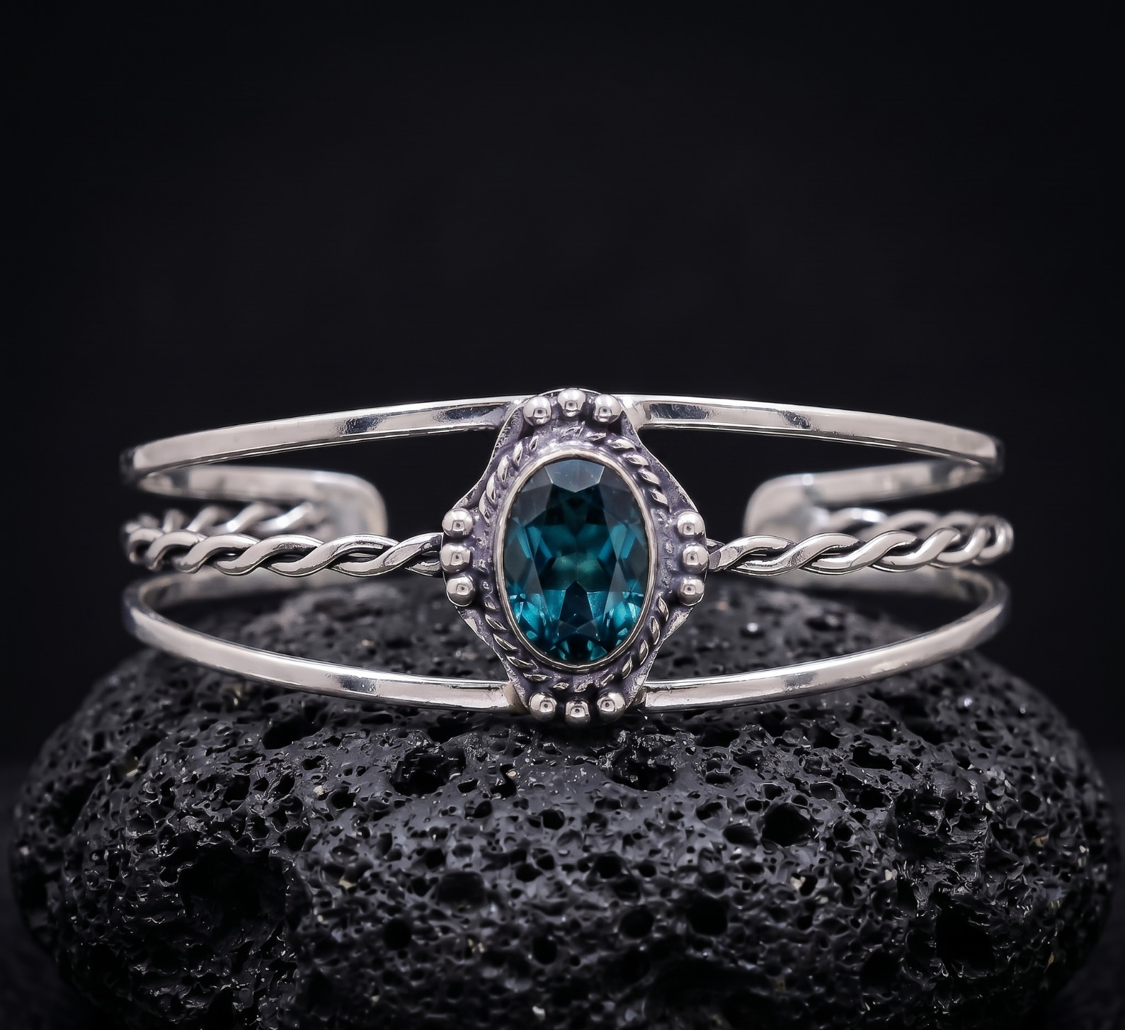 London Blue Topaz Handmade Cuff Bracelet 925 Sterling Silver ADJ” Boho Jewelry