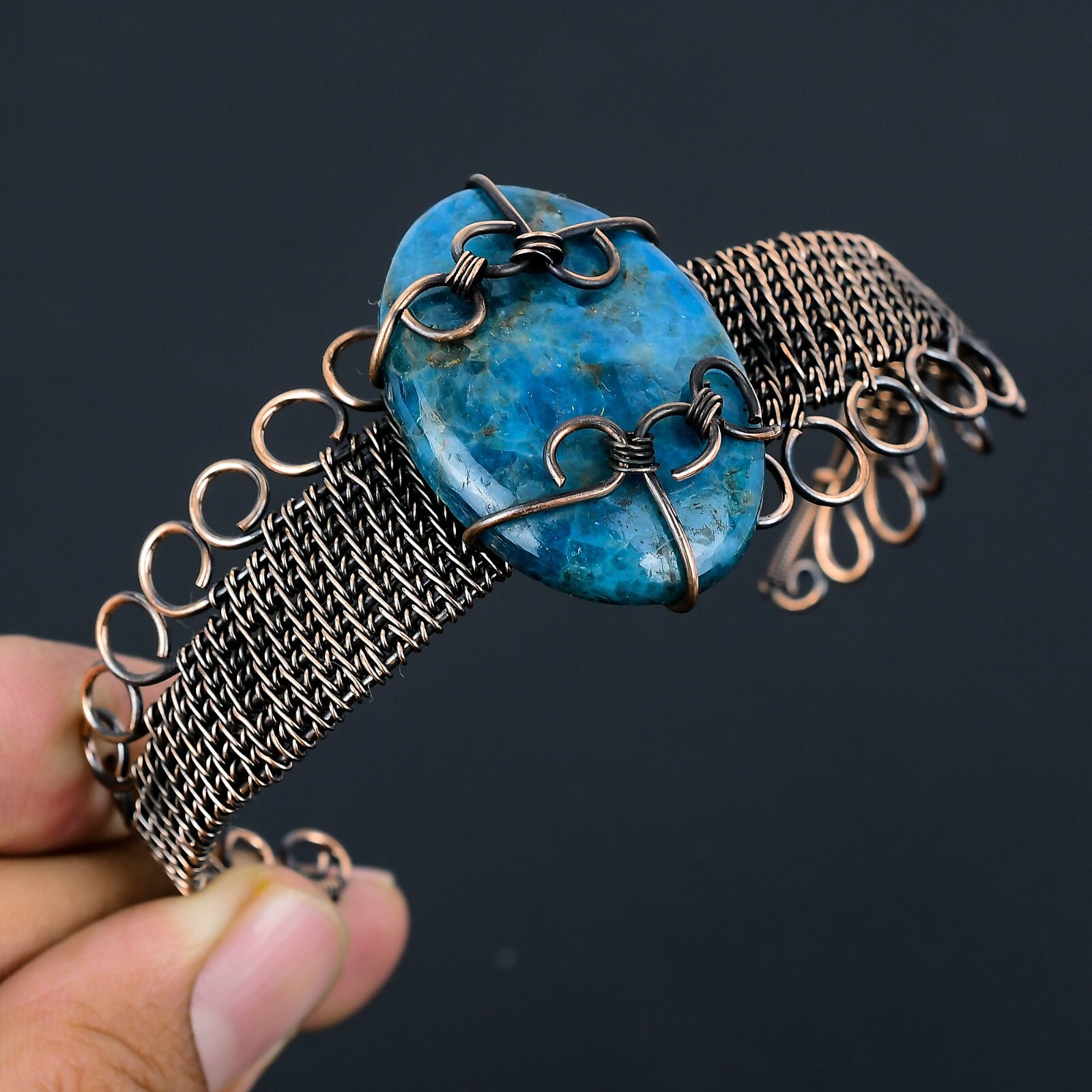 Neon Blue Apatite Gemstone Handmade Copper Wire Adjustable Bangle Jewelry