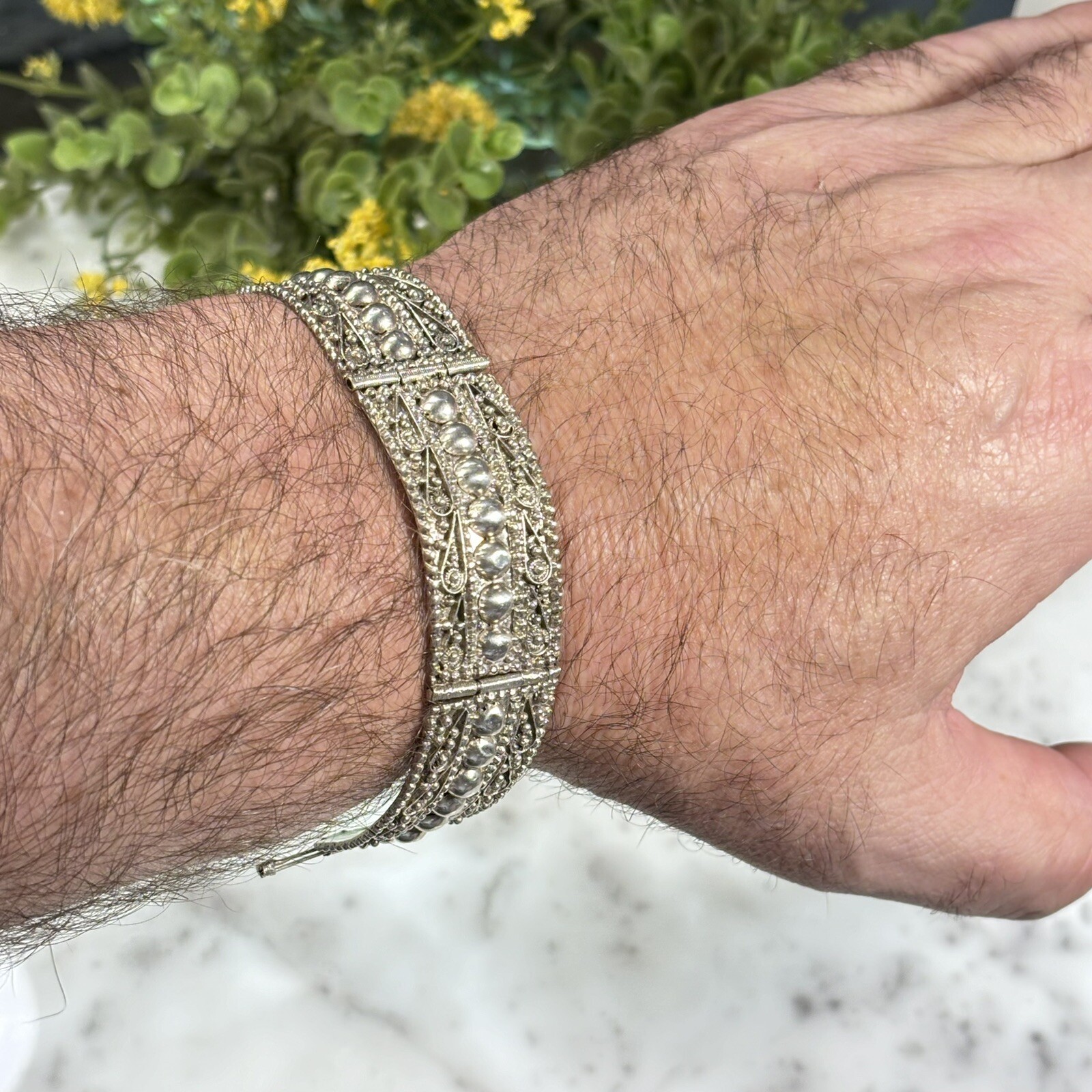Antique Sterling Silver 935 Scroll Ball Dot Hinged Panel Bracelet 7” Long 30.0g