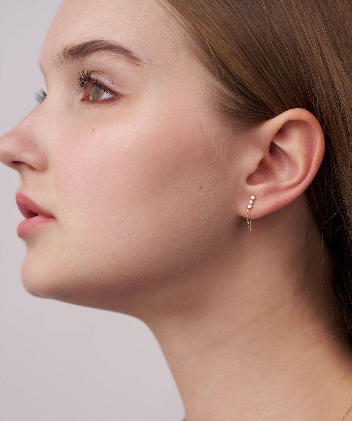 14K Gold Round Lab Grown Diamond Three Stone Climber with Chain Loop Earrings