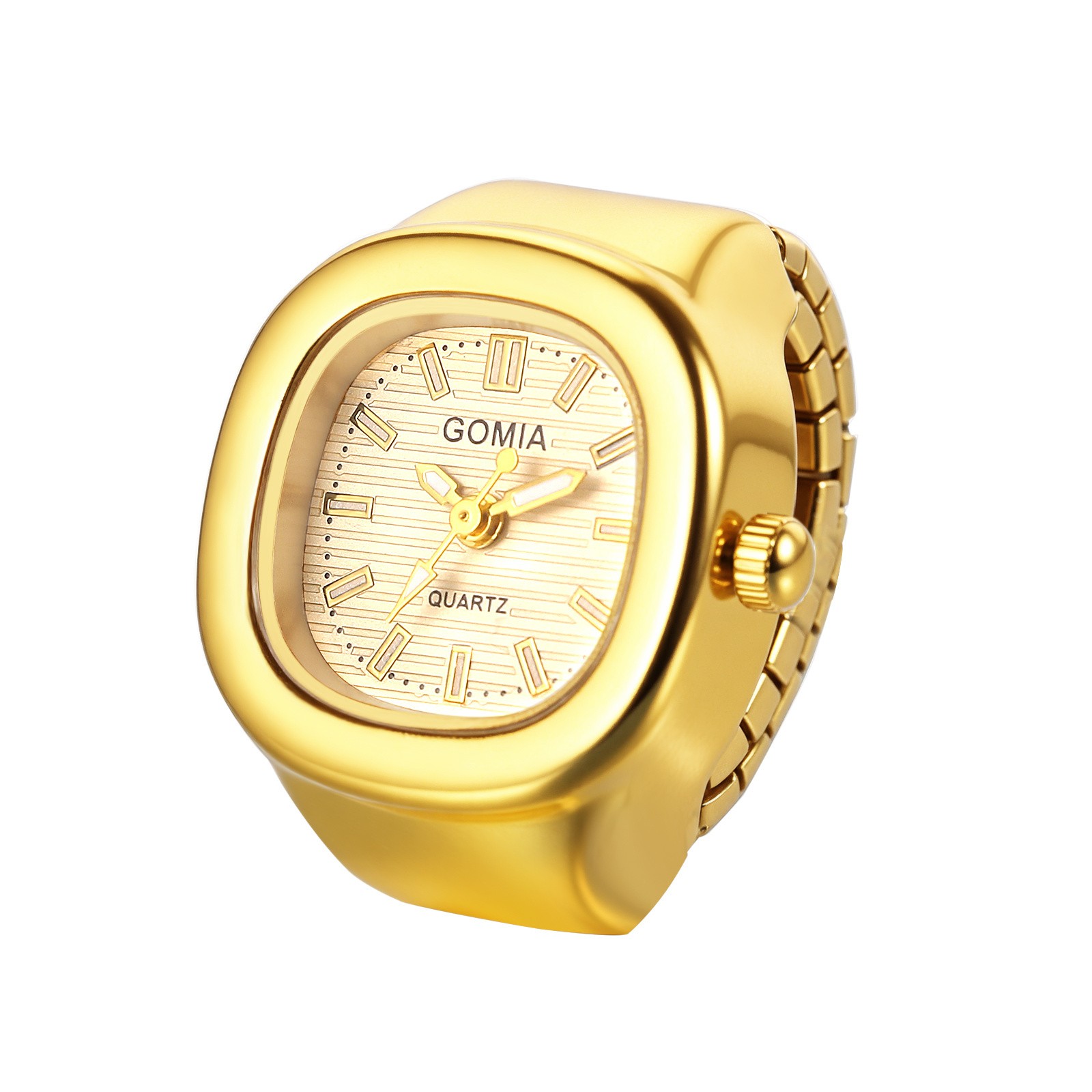 Women Casual Square Quartz Ring Watch Stainless Steel Elastic Strap Finger Watch