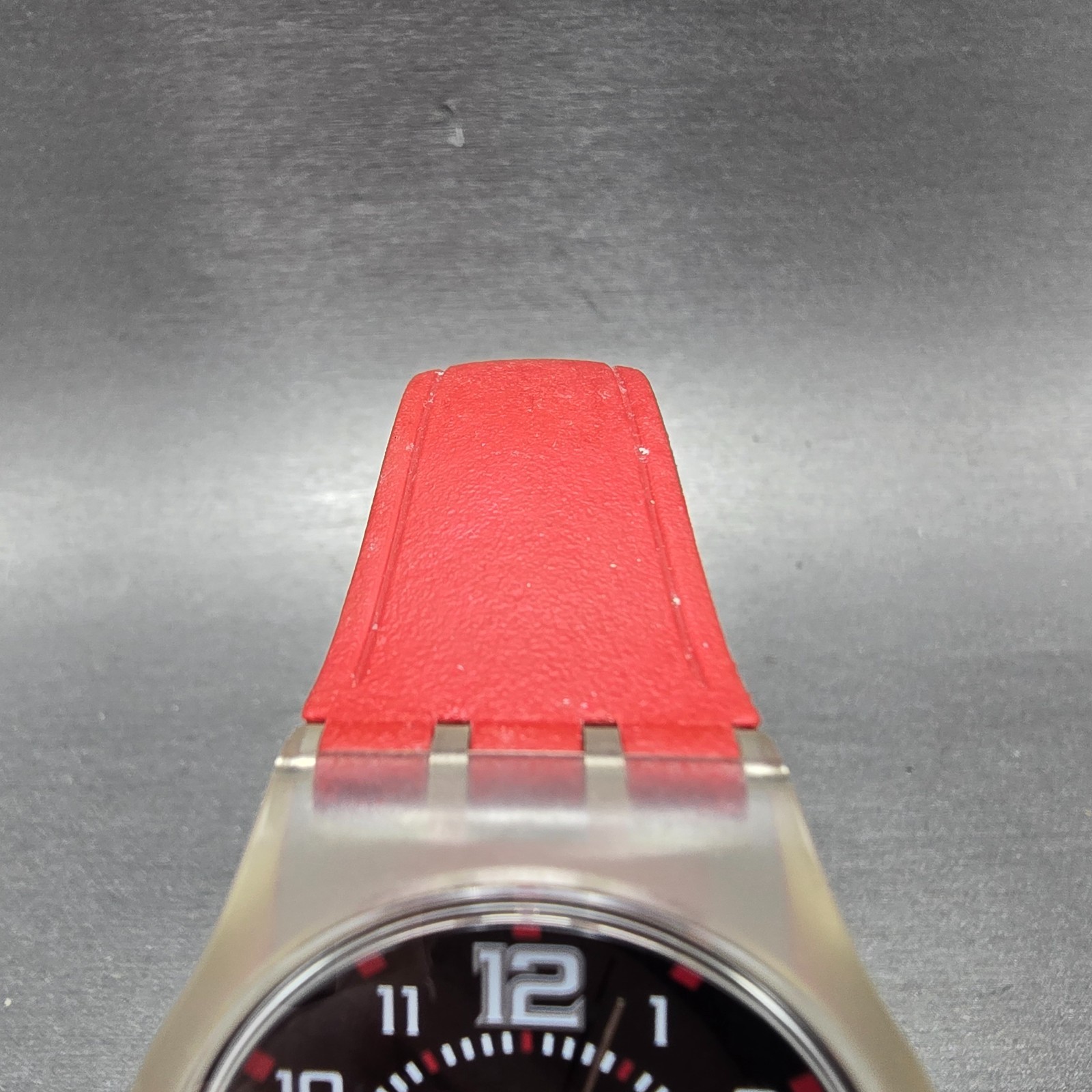 Swatch Ruby Touch Watch Men 38mm Black Dial Clear Case Daydate Round New Battery