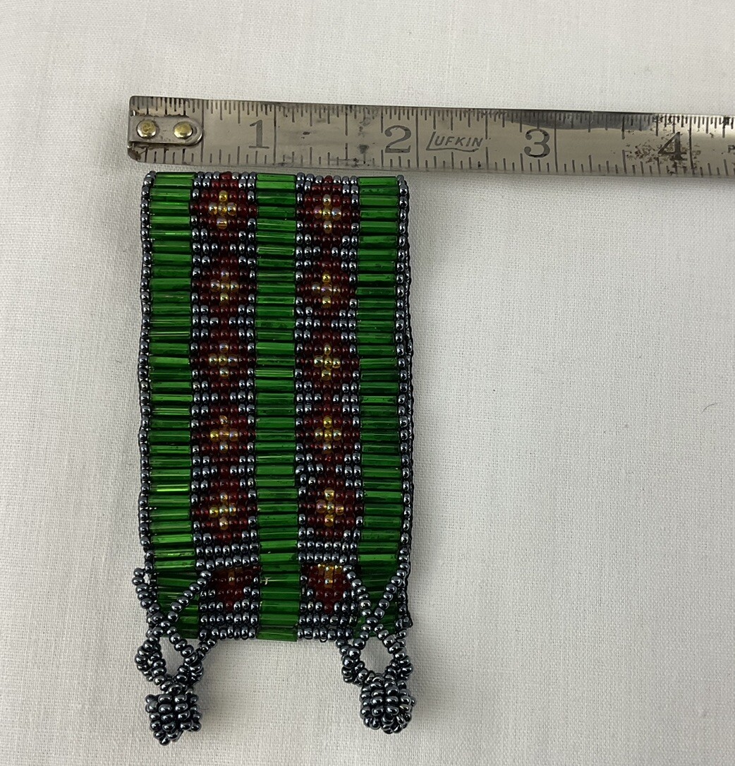 Glass Beaded Bracelet Aztec Style Black Gold Green Red L 7-1/2” x W2”