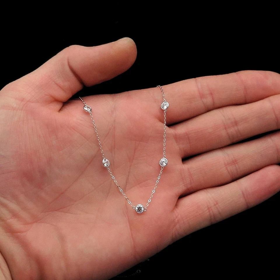 By Yard Station Necklace 3Ct Round Lab Created Diamond 14k White Gold Finish
