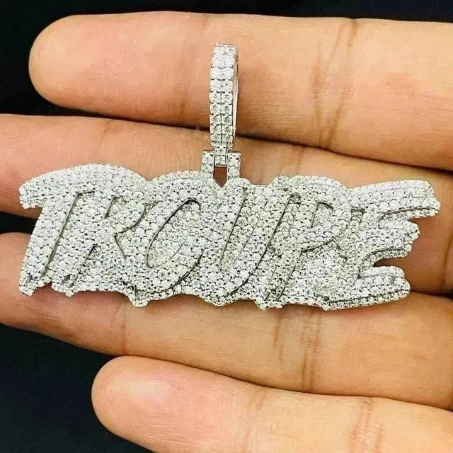 3.50CT Round Cut Real Moissanite Custom Name Charm Pendant 14K White Gold Plated