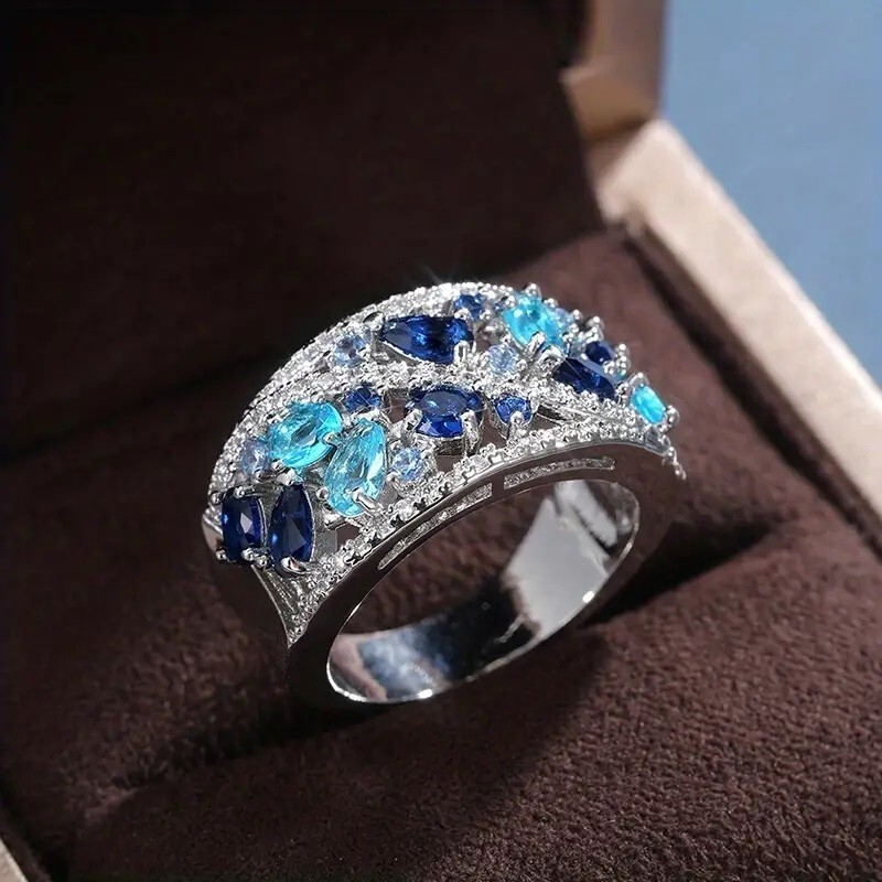 Elegant 925 Sterling Silver Blue White Topaz Wedding Engagement Ring Size 10