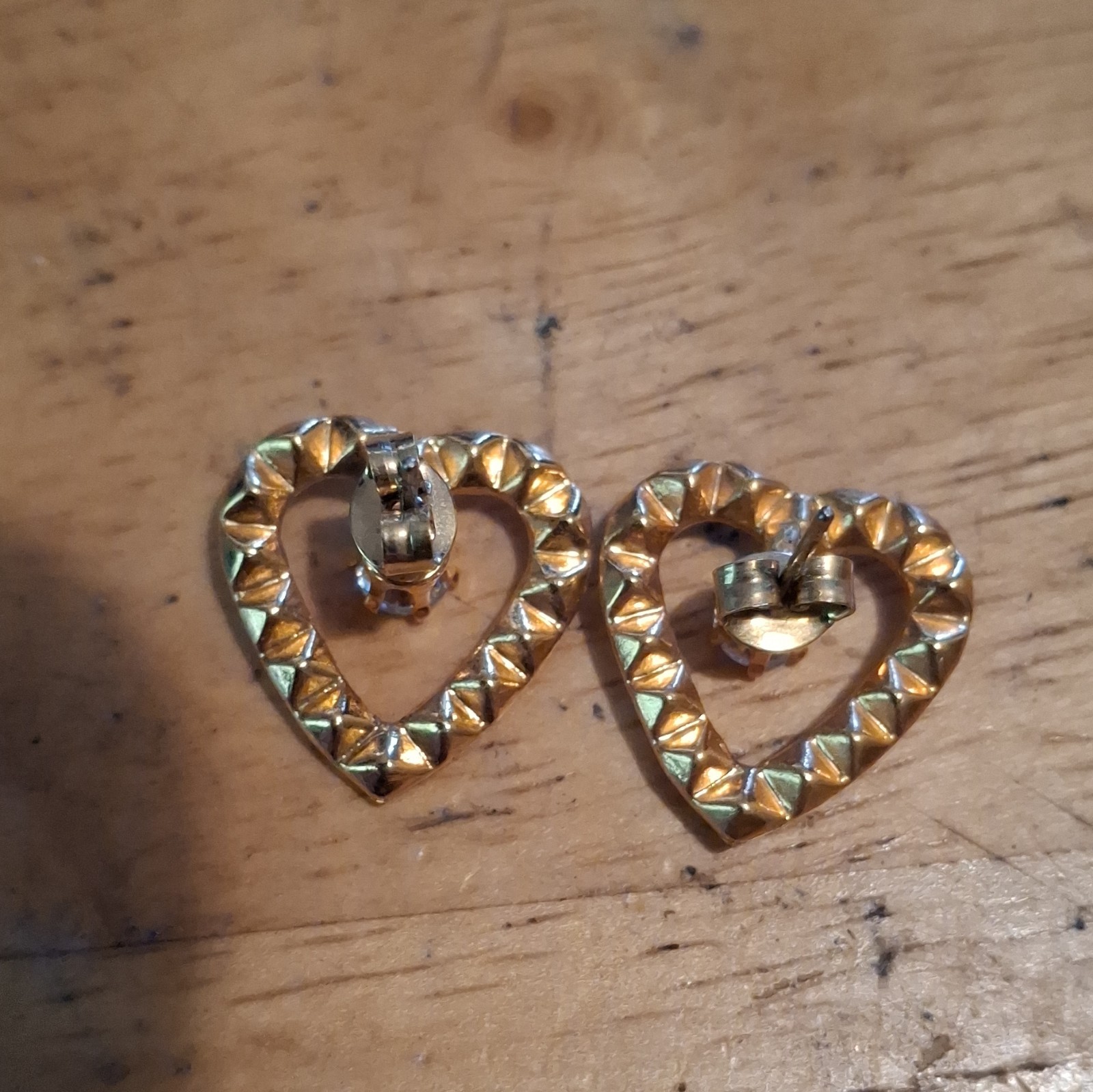 Gold Tone Metal Heart Stud Earrings Clear Rhinestone Pair