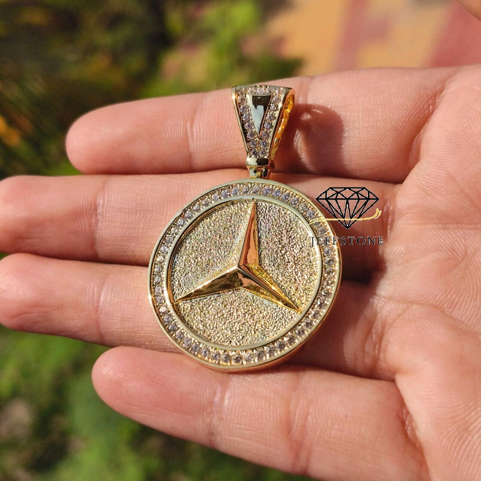 1.25 ctw Simulated Diamond 14K Yellow Gold Over Mercedes Medallion Pendant 1.9″
