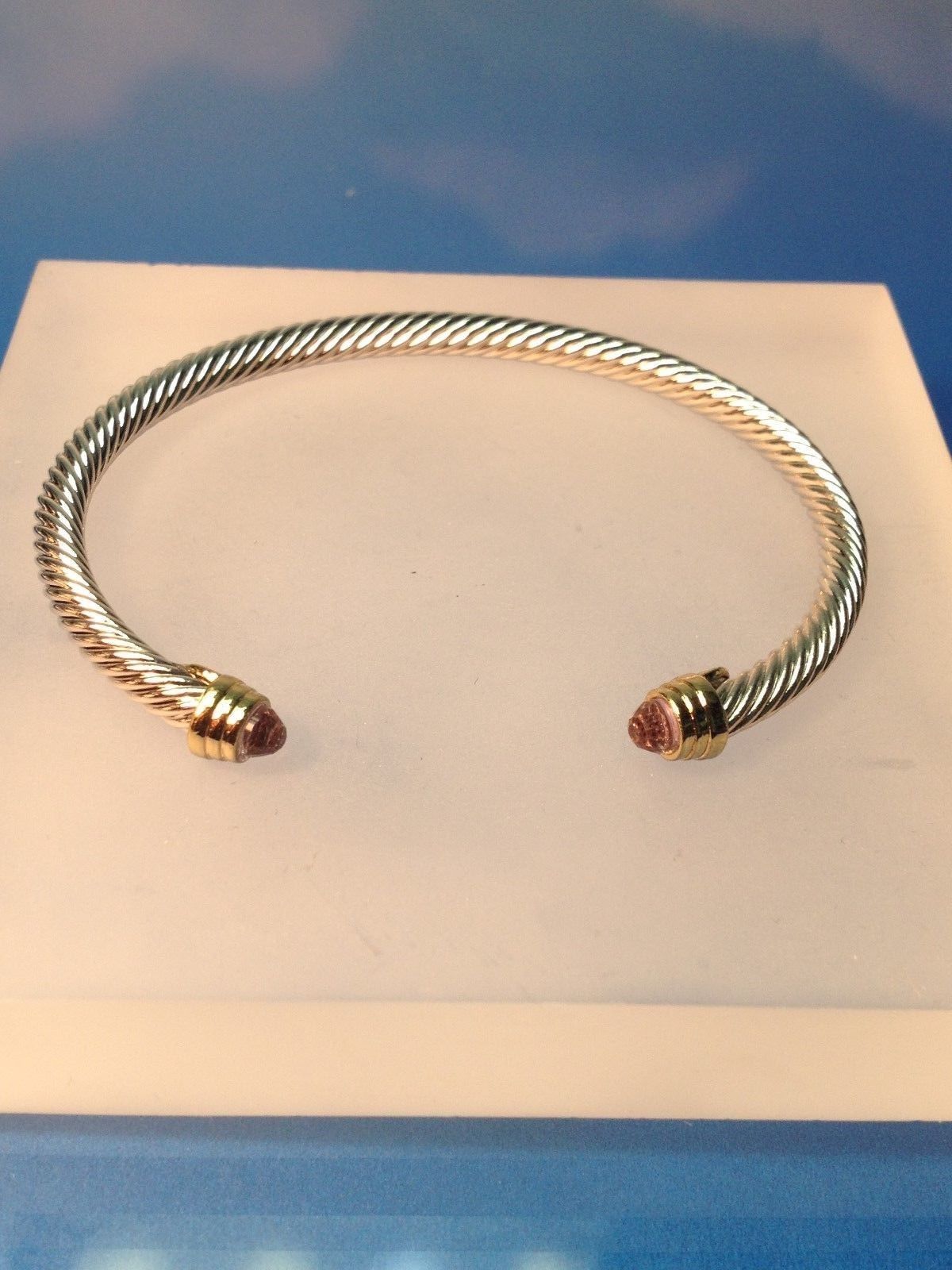 DESIGNER INSPIRED BANGLE SILVER FINISH GOLD CRYSTAL TIPS CLASSIC CUFF BRACELET