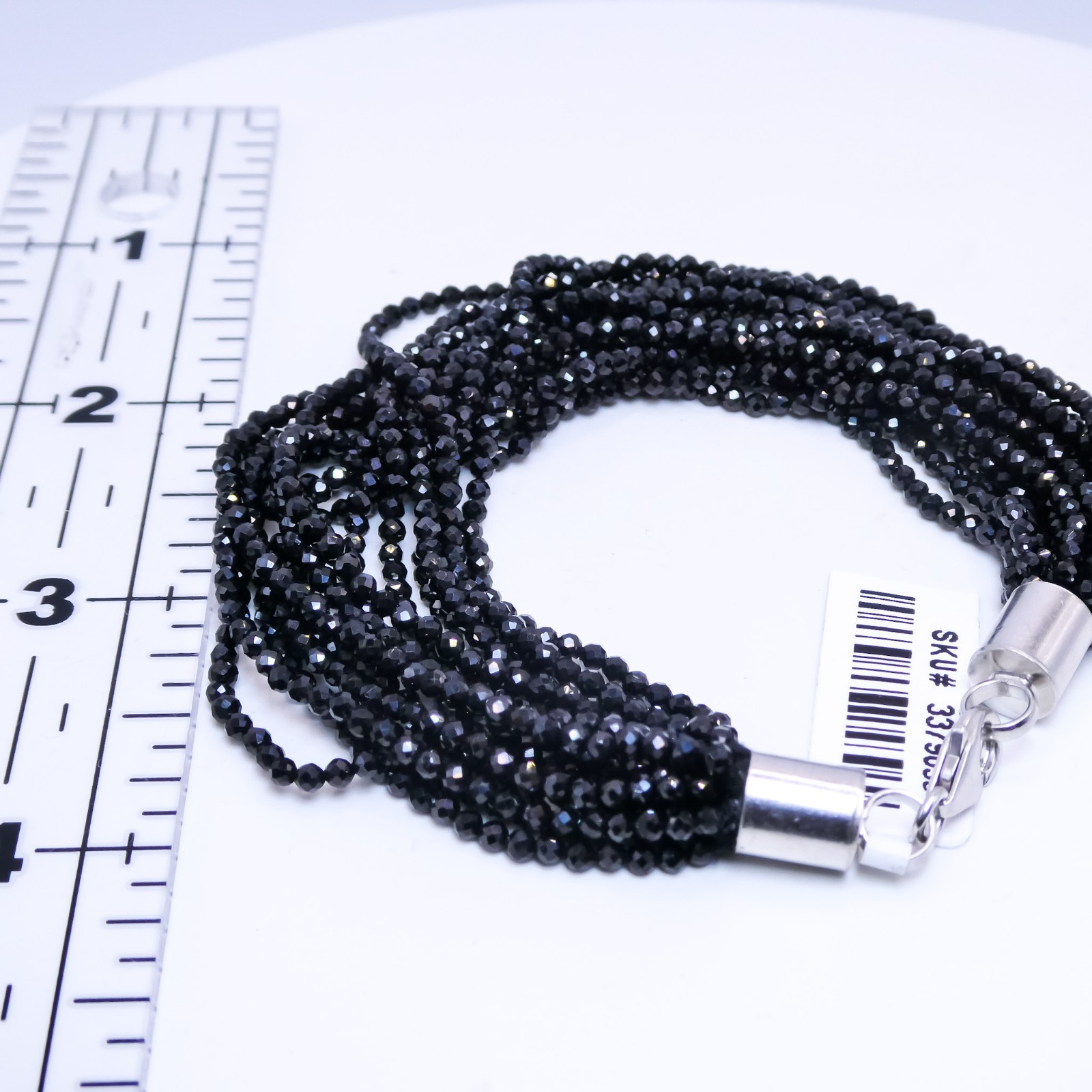 New Sterling Silver Black Spinel 100ctw Faceted Beaded Multi Strand 7″ Bracelet