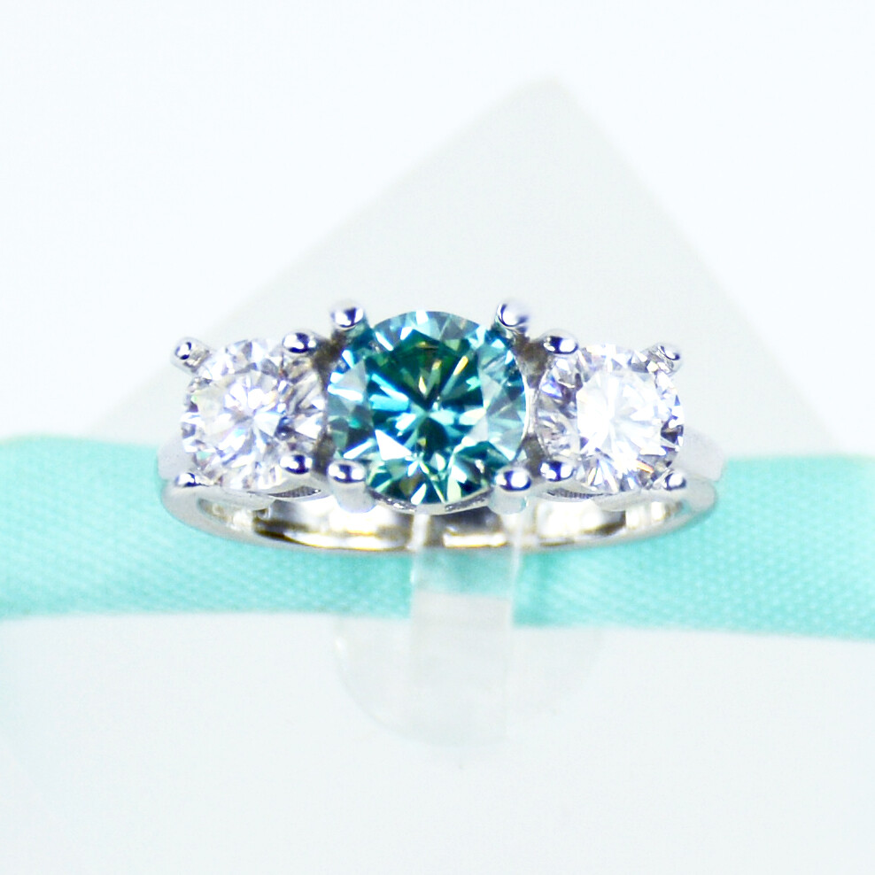 1Carat Blue Moissanite 5mm White Moissanite 3Stone Engagement Ring, Total 2Carat