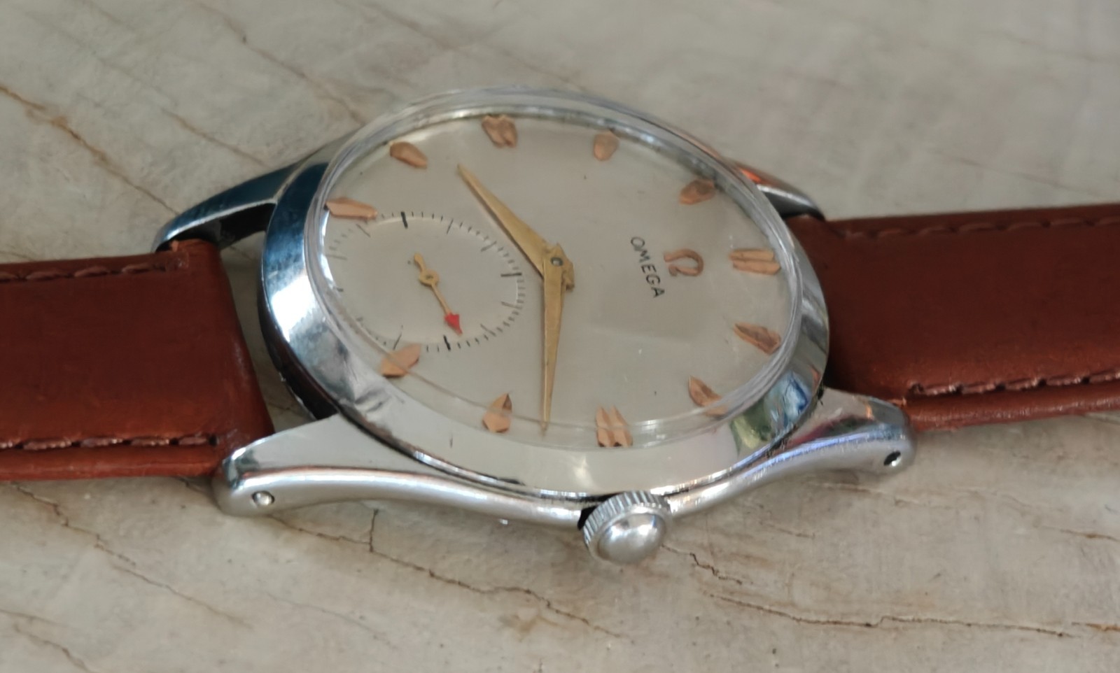 Circa 1952-53 OMEGA bold 36mm all SS, Serviced, looks/runs great, ca. 266!