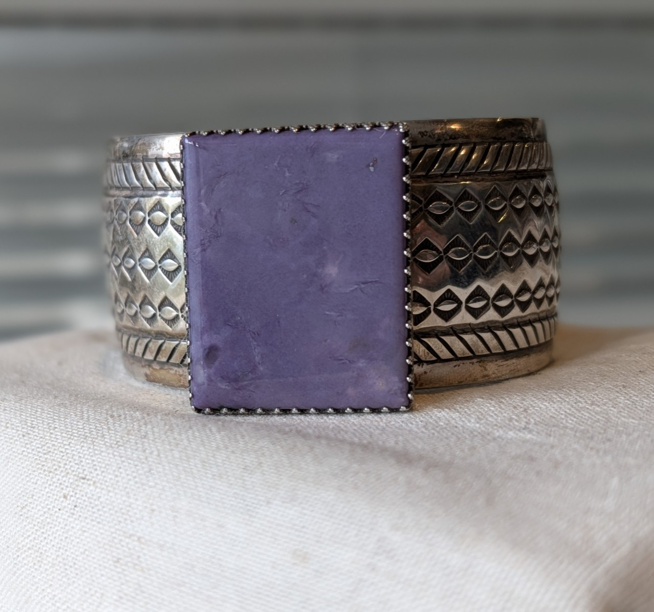 Gary S. Custer Navajo Sterling Charoite Cuff 114g Hand-Stamped 1⅜” Wide