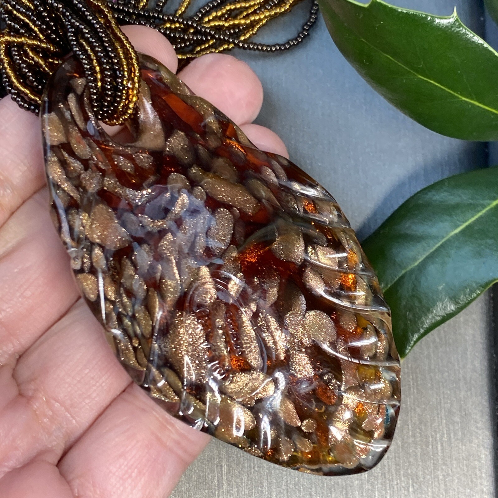 Vintage Pendant Necklace Handblown Murano Italy Art Glass 24K Gold Fleck Signed