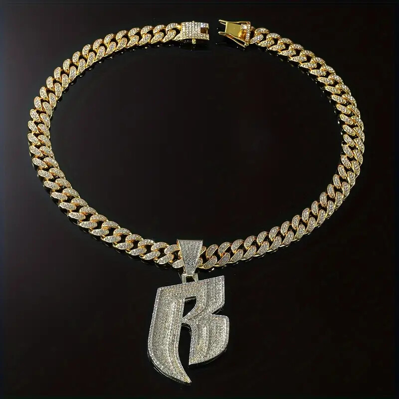 Ruff Ryder R Initial Large Pendant & Iced Cubic Zirconia Chain Hip Hop Necklace