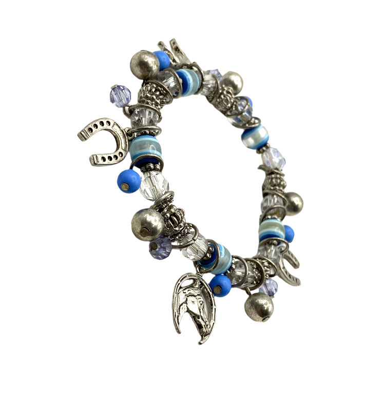 Blue-Clear Beaded Stretch Horse Horseshoe Charm Bracelet Silver Tone Equestrian