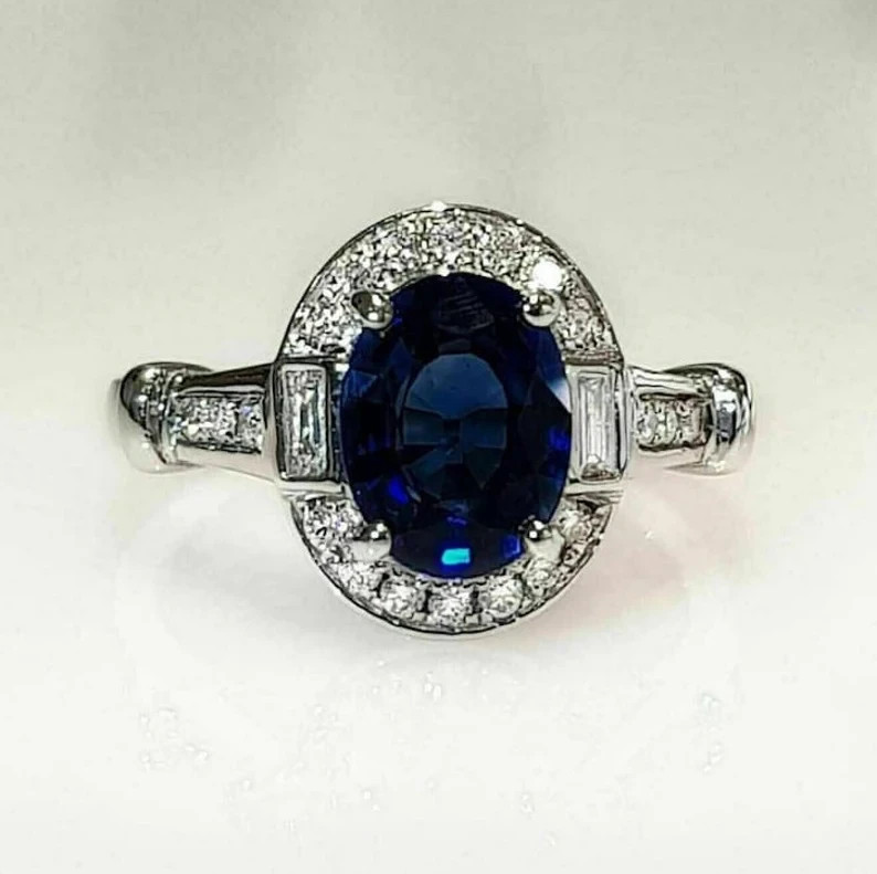 3.10 Ct Oval Natural Sapphire & Diamond Wedding Ring 14K White Gold Size 6