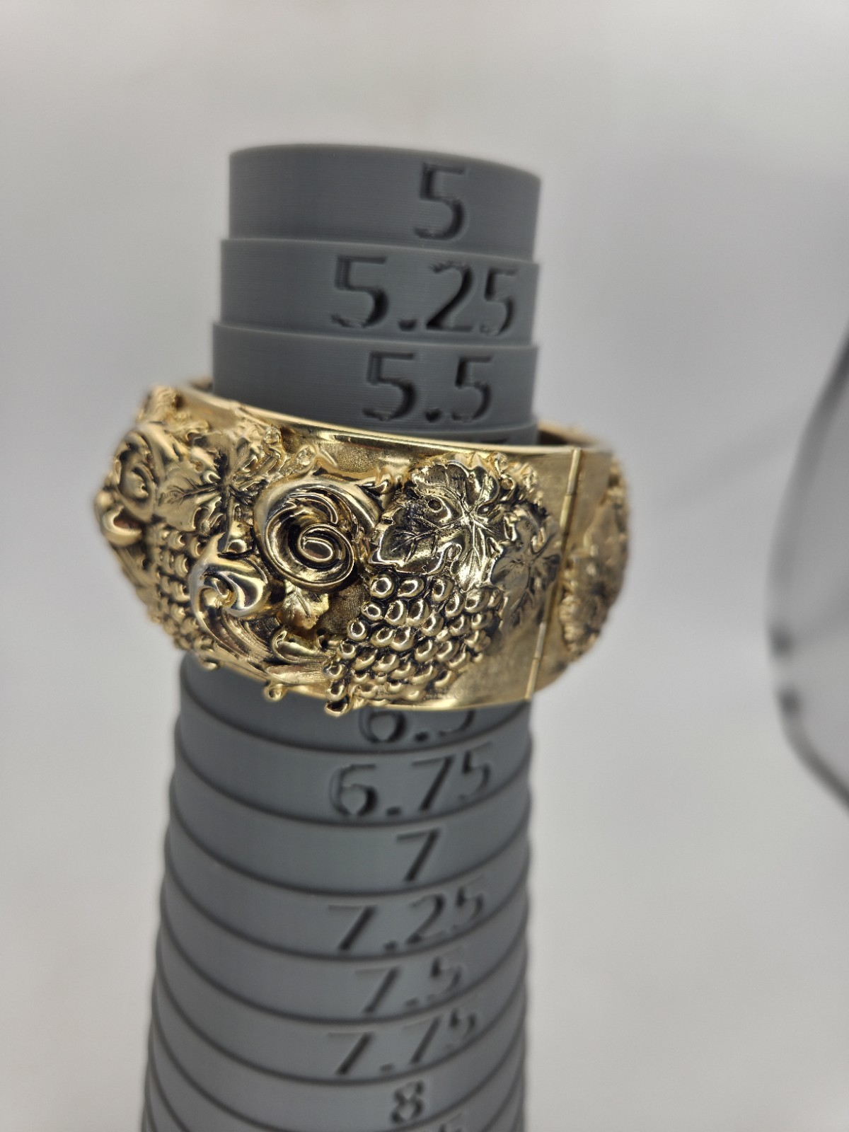 Vtg Repousse Nouveau Grapes Hinged Cuff Bracelet Sz 6.75″ Chunky Gold Filigree