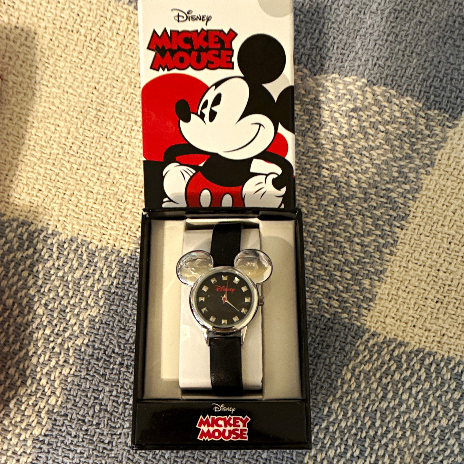 Disney Mickey Mouse Analog Quartz Watch Black Leather Strap Silver Case w/ Box