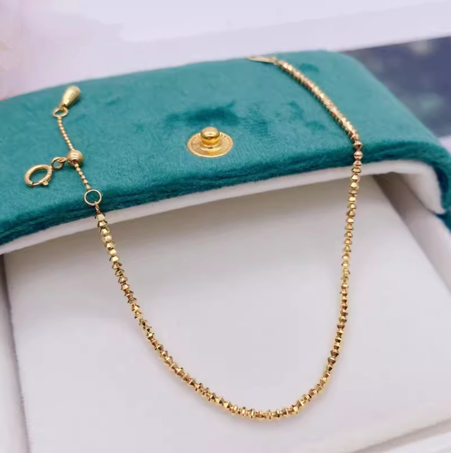 Solid 18K Yellow Gold AU750 Laser Beads Bracelet Bangle Chain Adjust 16-18cm