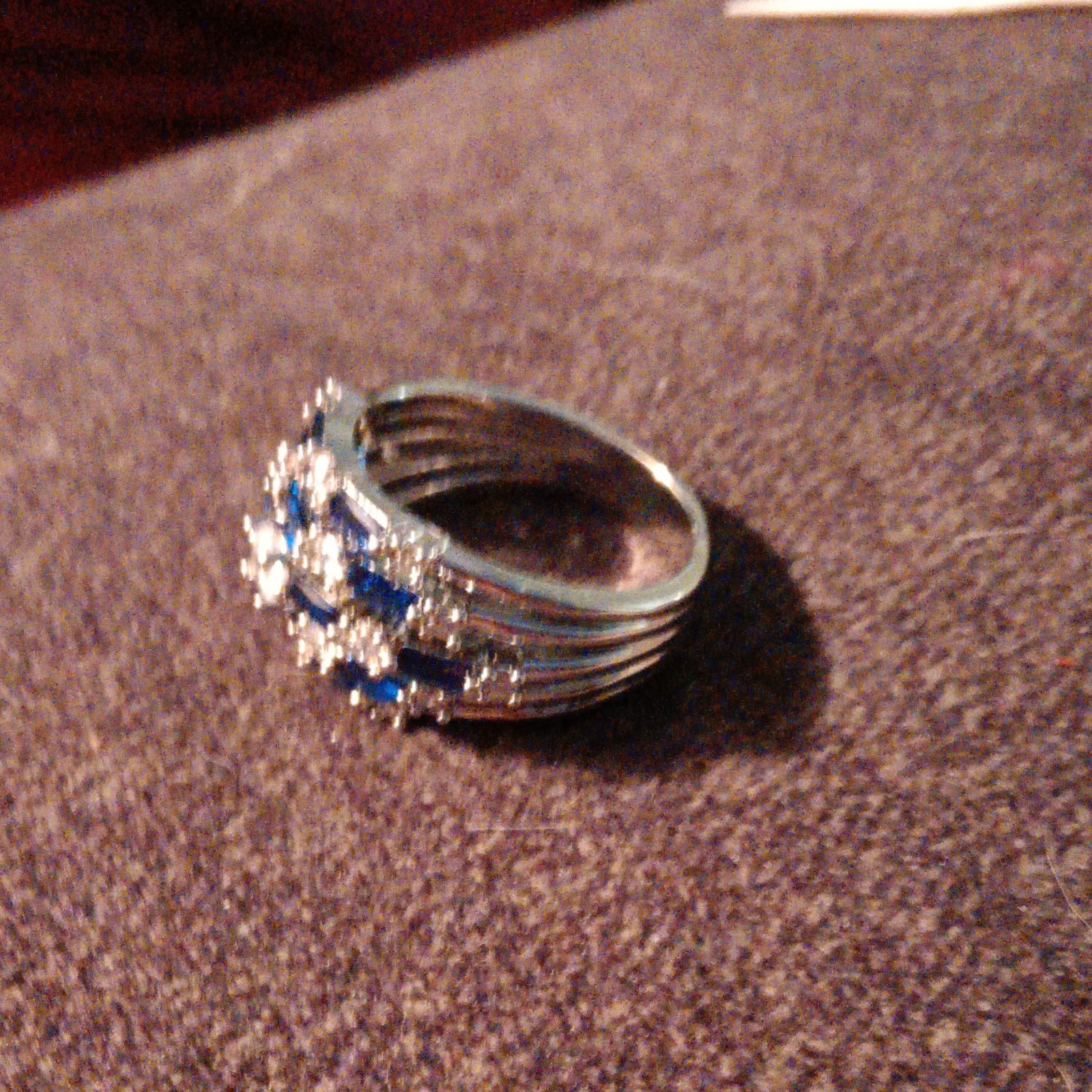 Silver Blue & Clear Baguette Sapphire Stone Multi-Row Cluster Cocktail Ring 9.5