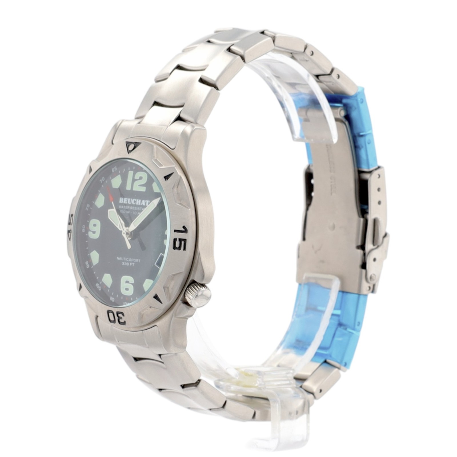 Beuchat Nautic Sport Mens Watch Black Dial Swiss Steel 100M Diver Date Quartz