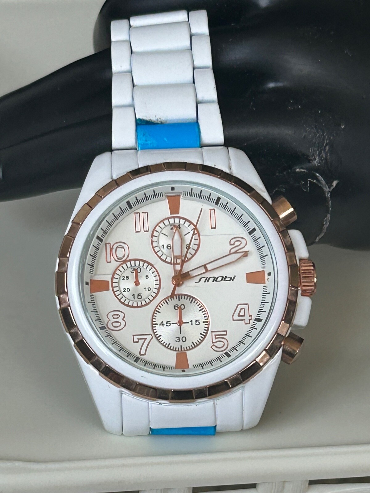 Sinobi Chronograph Watch Mens Stainless Steel White Tone Quartz Casual Big Dial