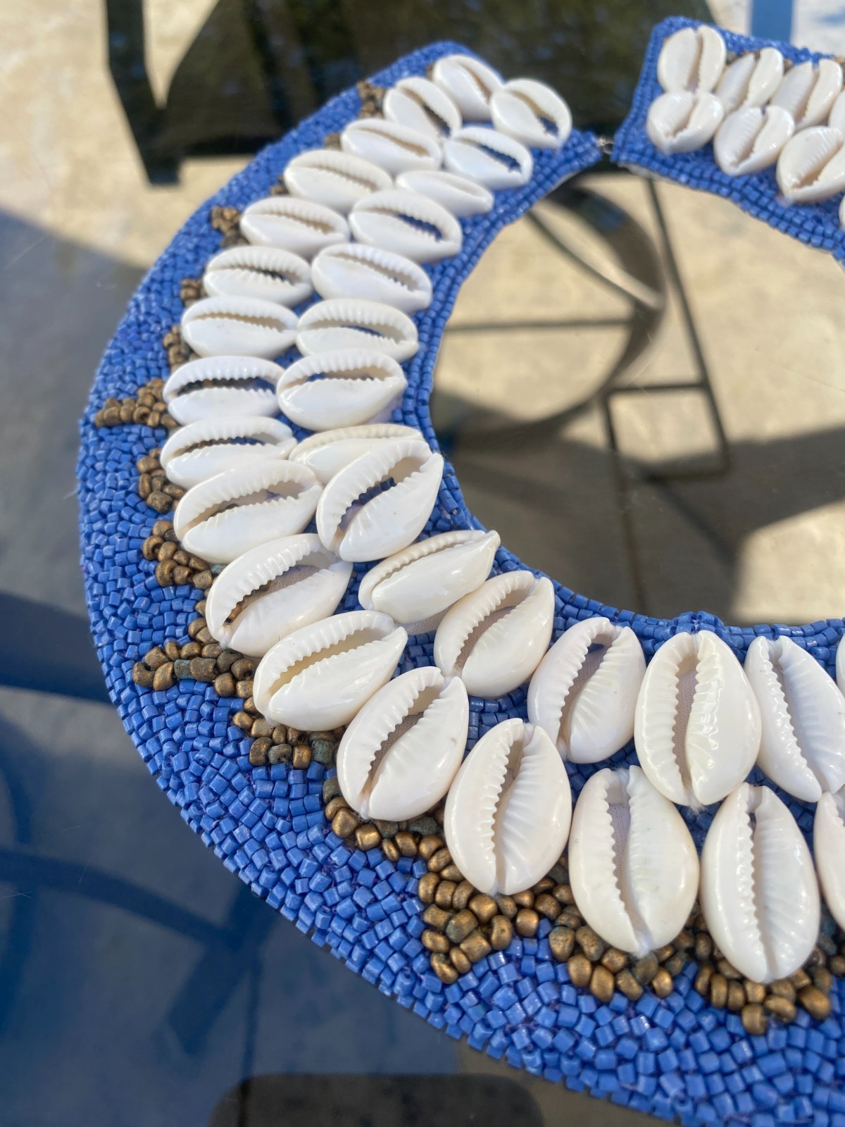 Olivia Dar Anthropologie Necklace Shell Collar Bib Beaded Statement Cowrie Peach