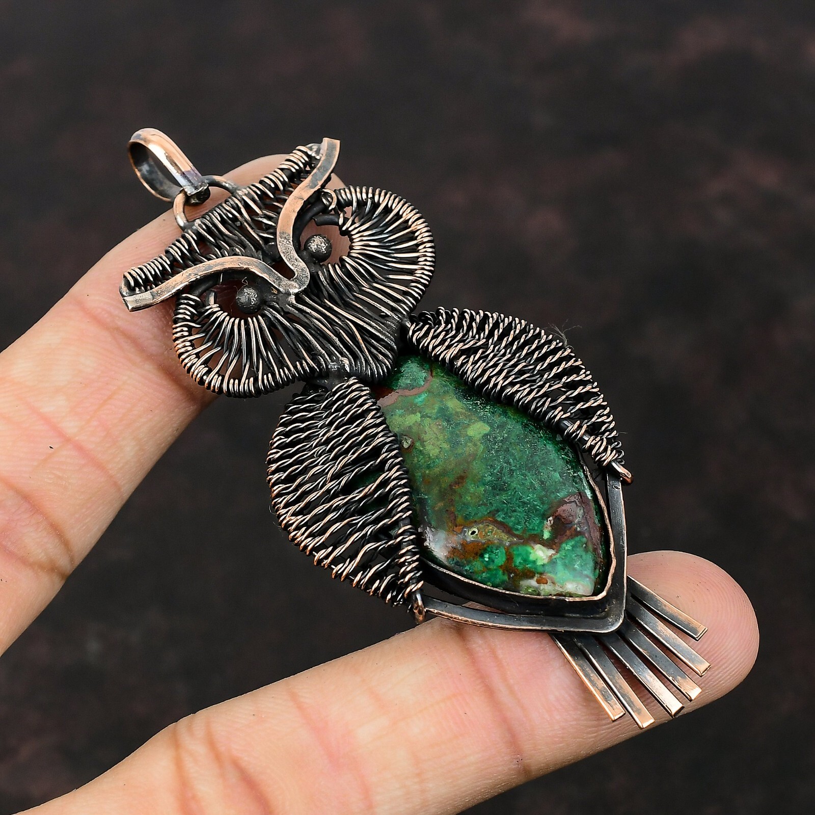 Cuprite Chrysocolla Wire Wrapped Owl Handcrafted Copper Unique Gift 3.35″