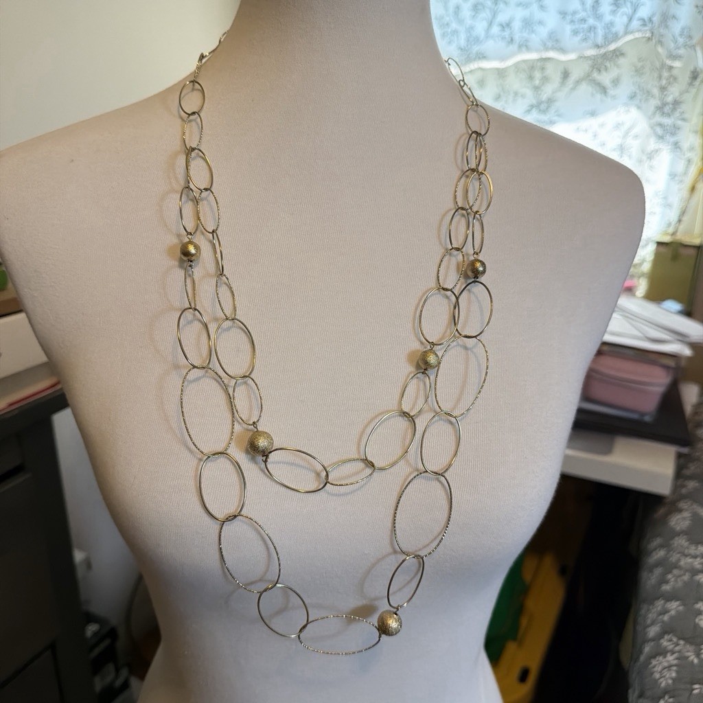Gold Tone Metal Oval Link Layered Double-Strand Necklace w/ Bead Accents