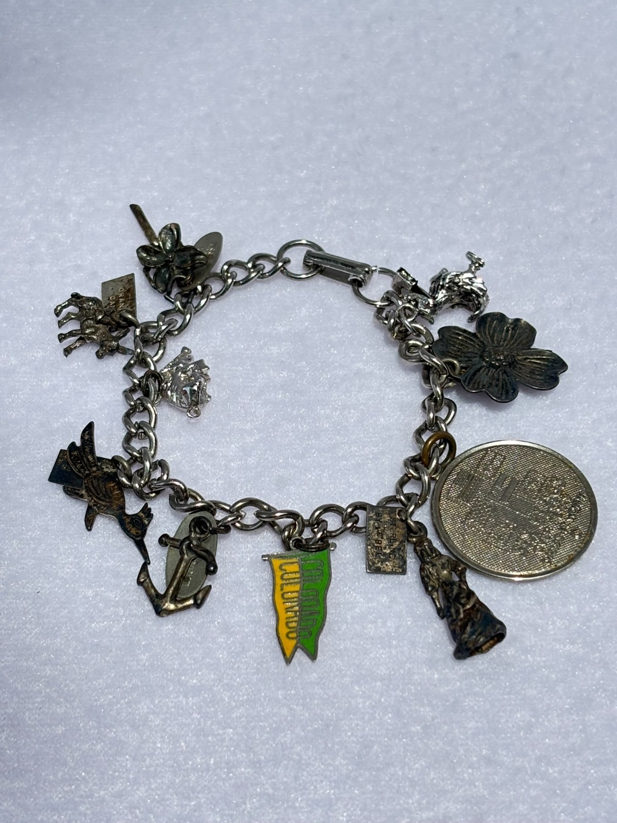 Vintage Sterling Silver Charm Bracelet Travel Themed with 10 Charms 6.5″ length