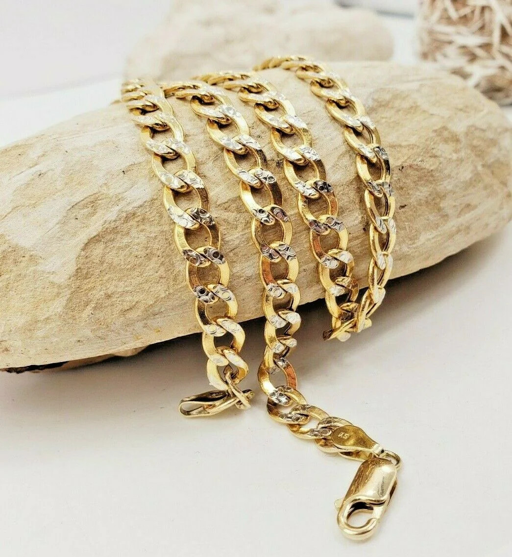 10KT Yellow Gold Hollow Curb 2 Tone Diamond Cut Chain 23.14 inches x W 6.50 mm