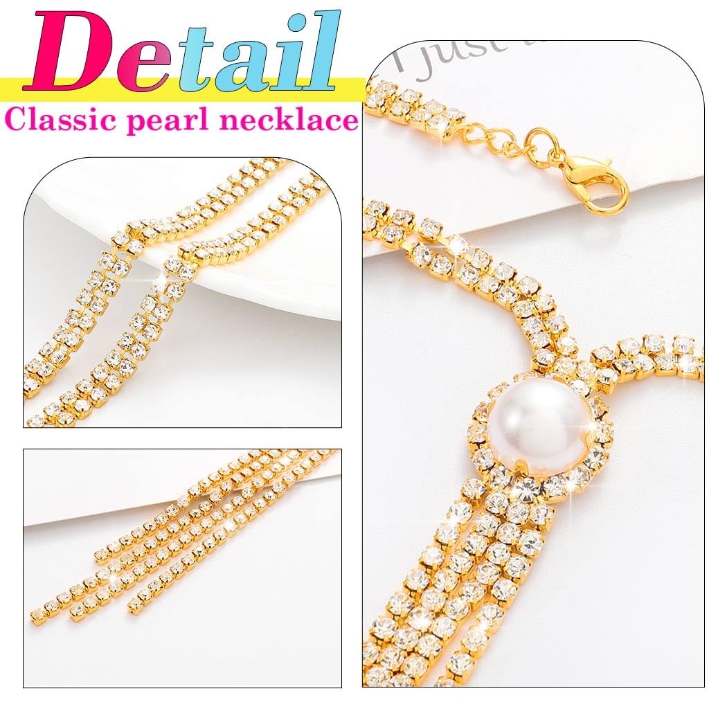 Rhinestone Y-Necklace Choker Chain (18.5in (Length), 9.4in (Height), Gold)